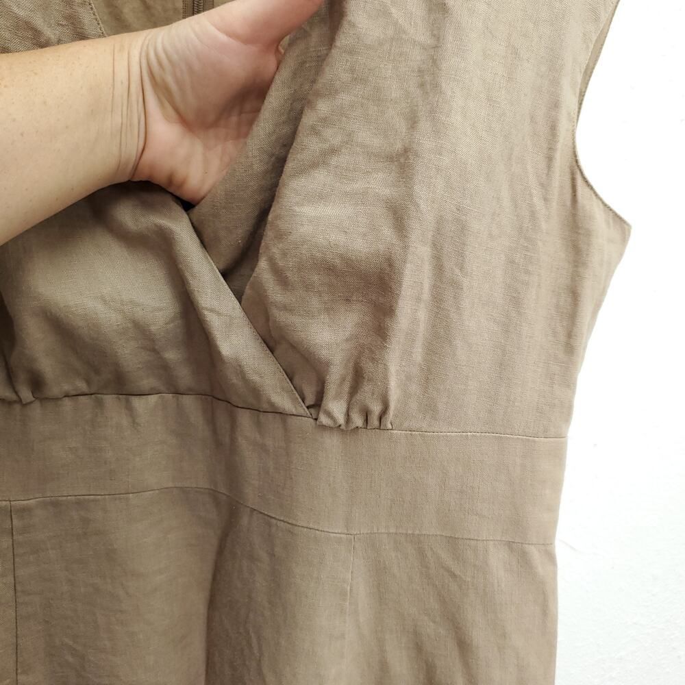 SUNDANCE 100% Linen Tan Lagenlook Surplice Neckline Midi Dress - Picture 3 of 9